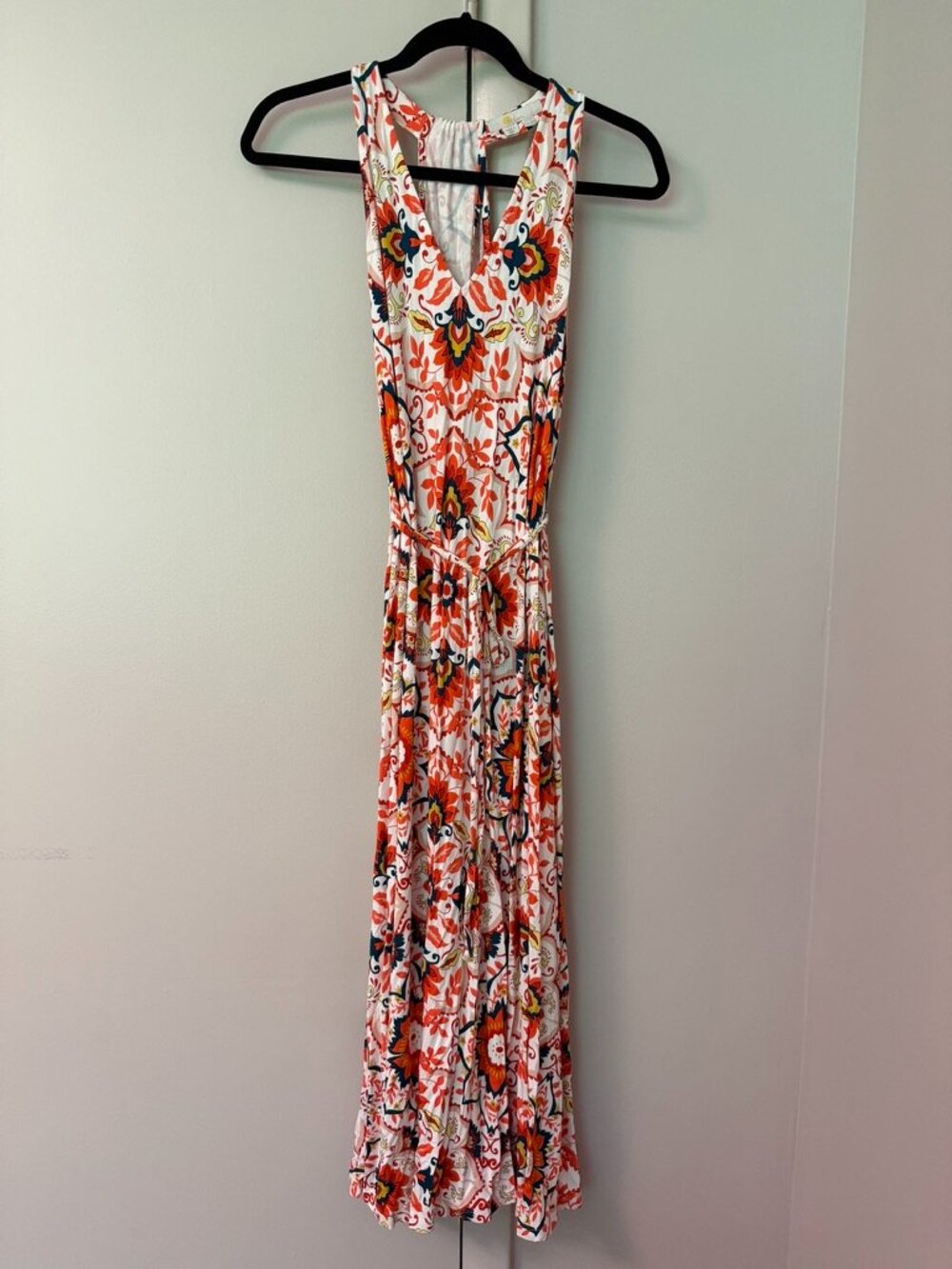 Boden Floral Maxi Dress w/ Orange and Blue Geometric Pattern